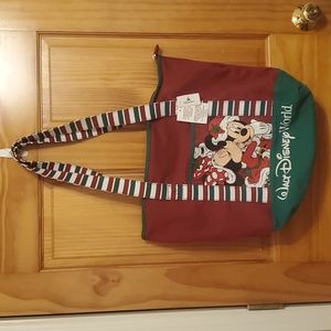 New Walt Disney World Park Christmas Mickey & Minnie Mouse Large Zip Tote Bag